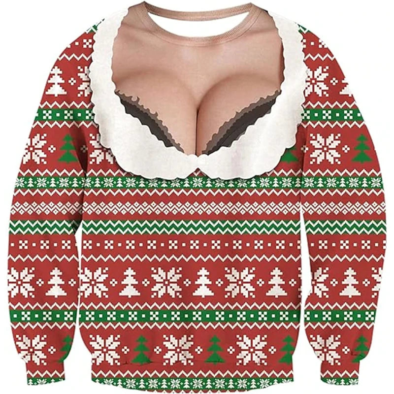 Funny 3D Ugly Christmas Sweater – Busty, Hairy Chest & Abs