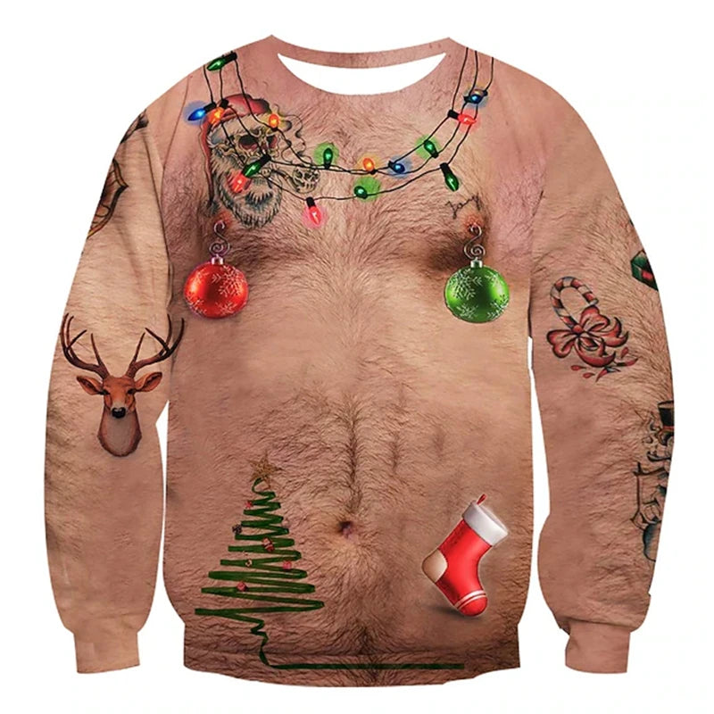 Funny 3D Ugly Christmas Sweater – Busty, Hairy Chest & Abs