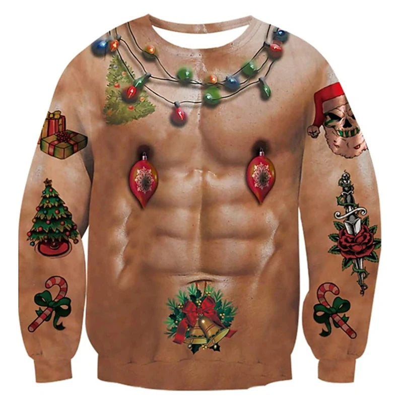 Funny 3D Ugly Christmas Sweater – Busty, Hairy Chest & Abs