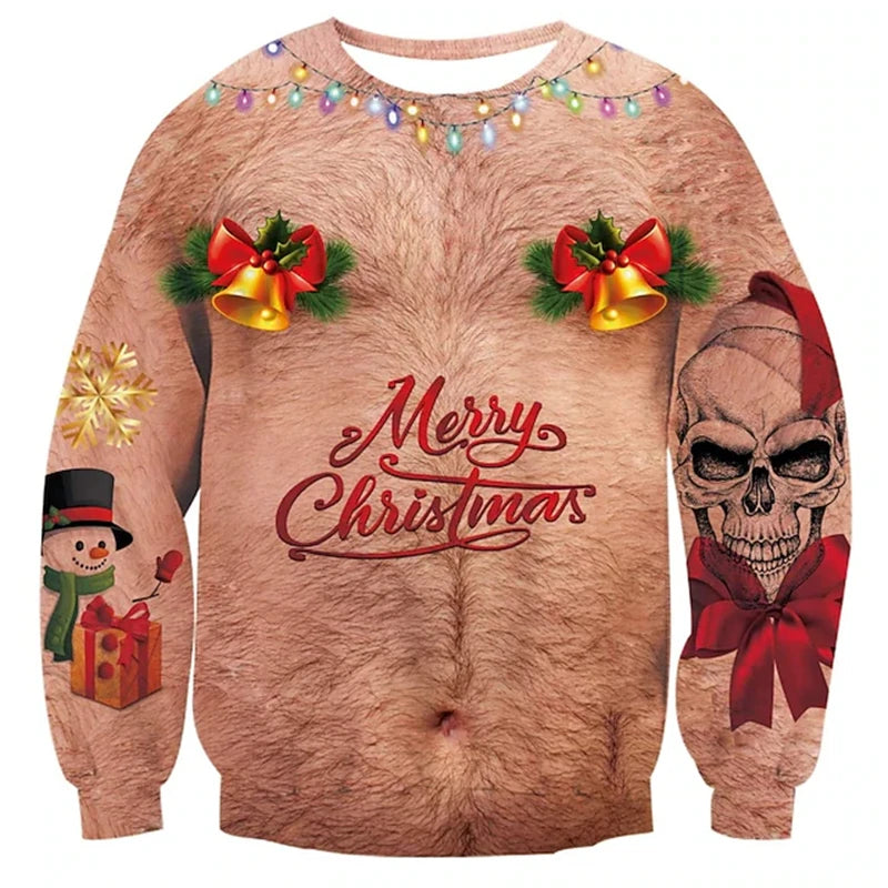 Funny 3D Ugly Christmas Sweater – Busty, Hairy Chest & Abs
