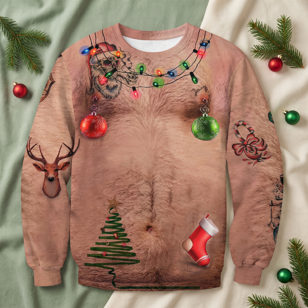 Funny 3D Ugly Christmas Sweater – Busty, Hairy Chest & Abs