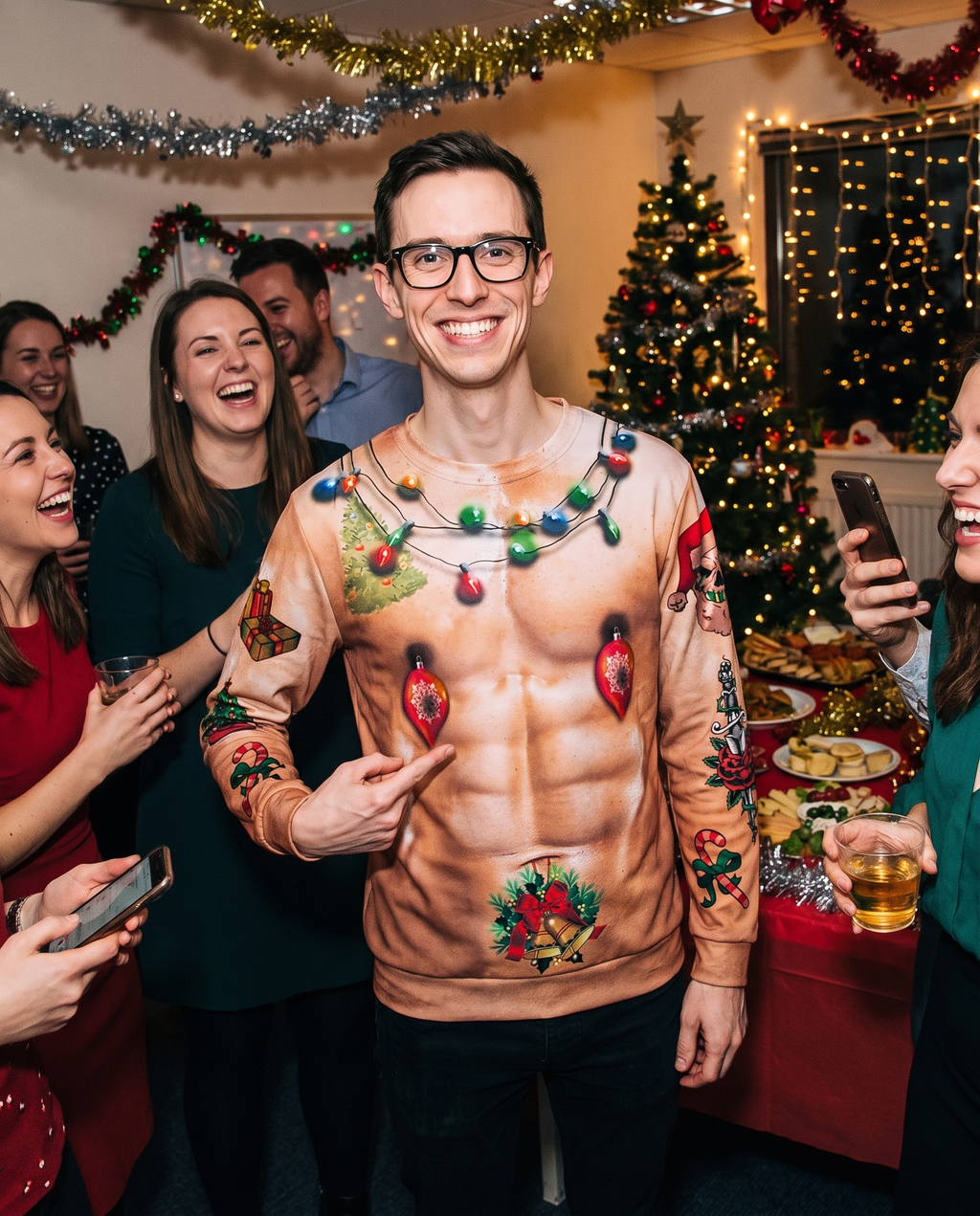 Funny 3D Ugly Christmas Sweater – Busty, Hairy Chest & Abs