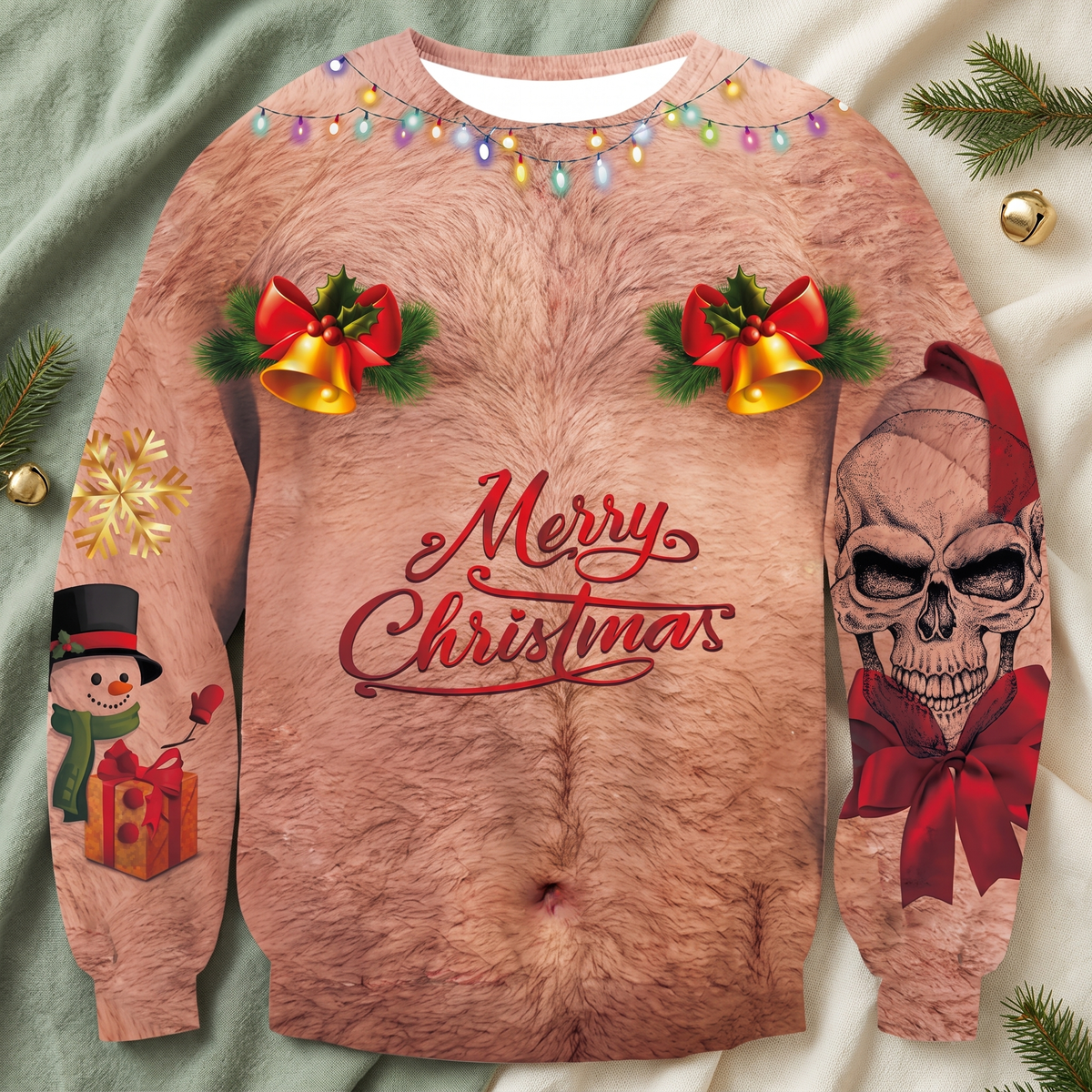 Funny 3D Ugly Christmas Sweater – Busty, Hairy Chest & Abs