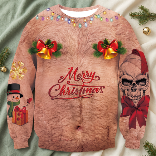 Funny 3D Ugly Christmas Sweater – Busty, Hairy Chest & Abs