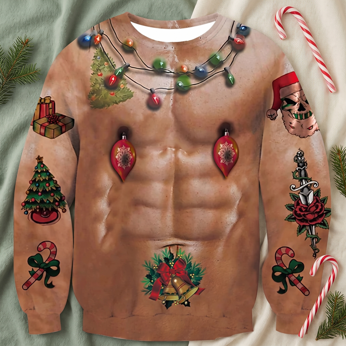 Funny 3D Ugly Christmas Sweater – Busty, Hairy Chest & Abs