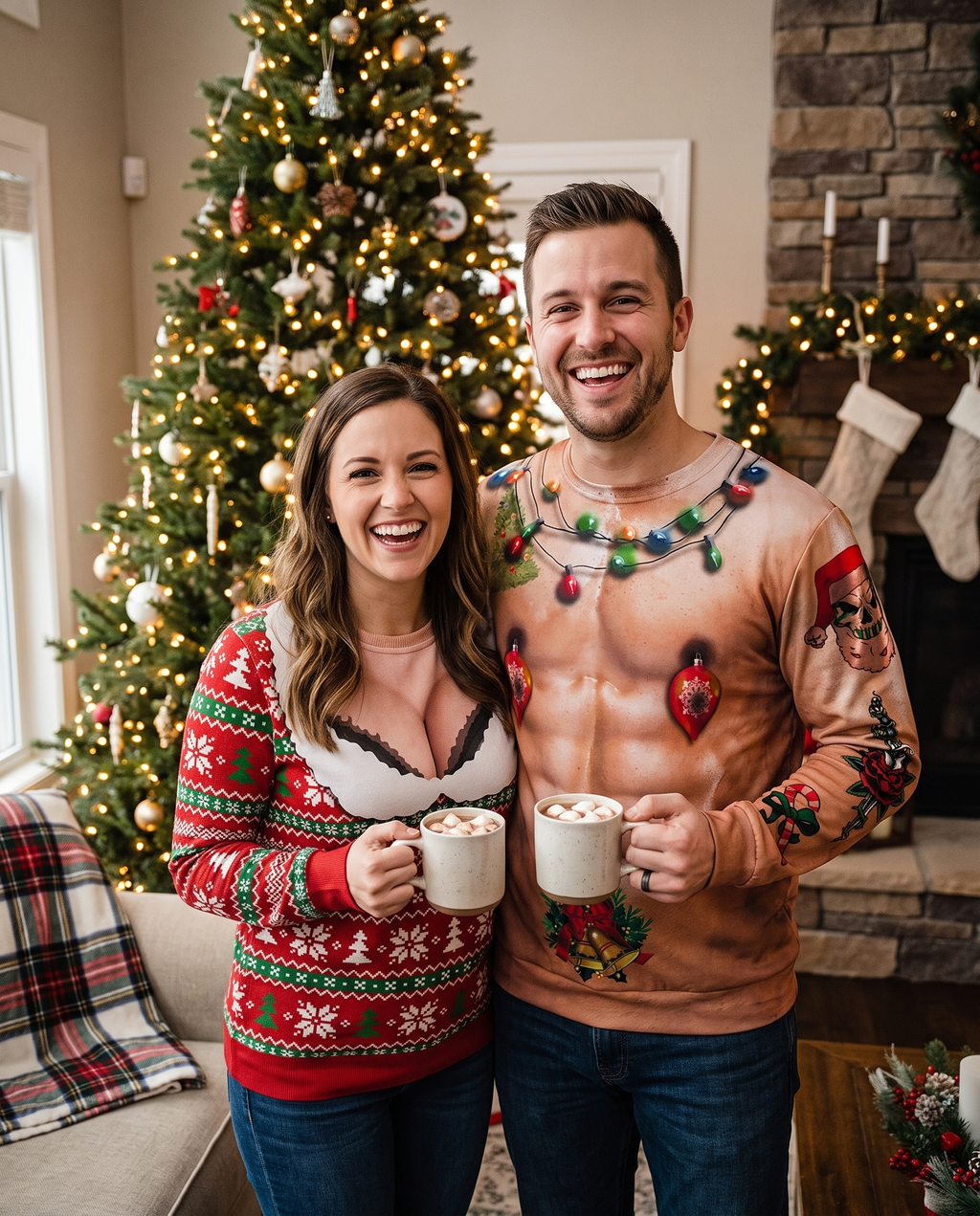 Funny 3D Ugly Christmas Sweater – Busty, Hairy Chest & Abs
